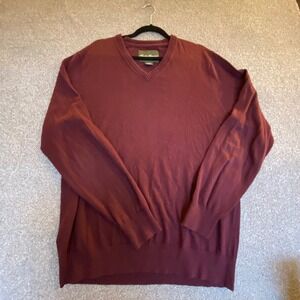 Eddie Bauer Mens‎ Burgundy V Neck Sweater 95% Cotton 5% Cashmere TXL